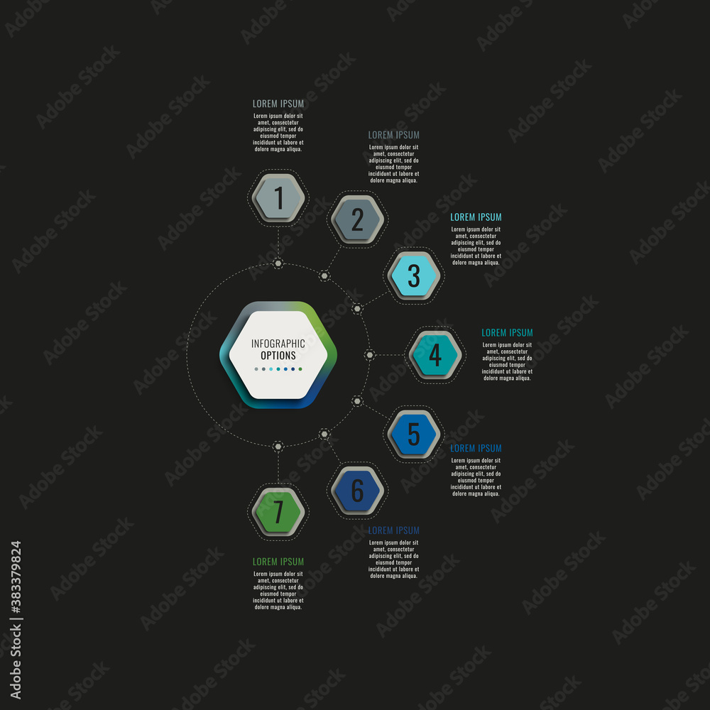 Poster infographic template with seven hexagonal elements on a black background. modern business process vi