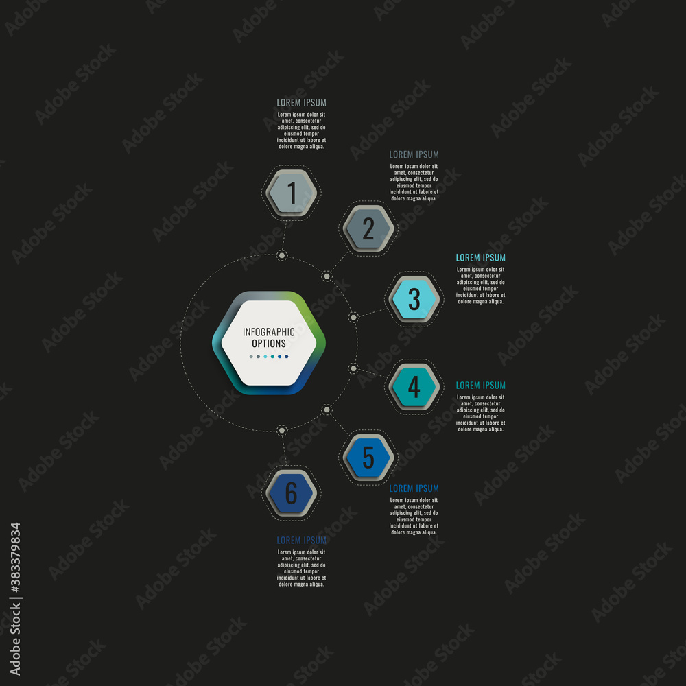 Poster infographic template with six hexagonal elements on a black background. modern business process visu