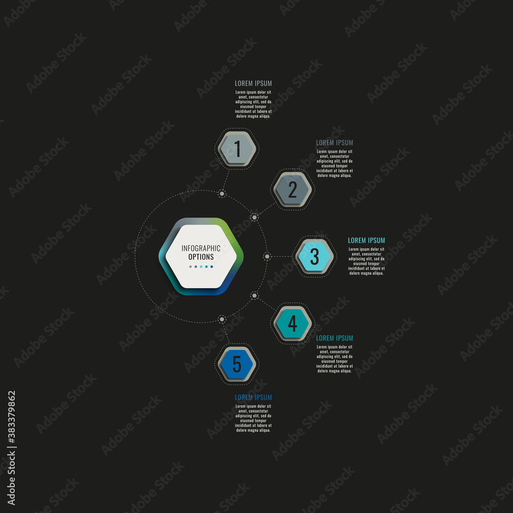 Poster infographic template with five hexagonal elements on a black background. modern business process vis