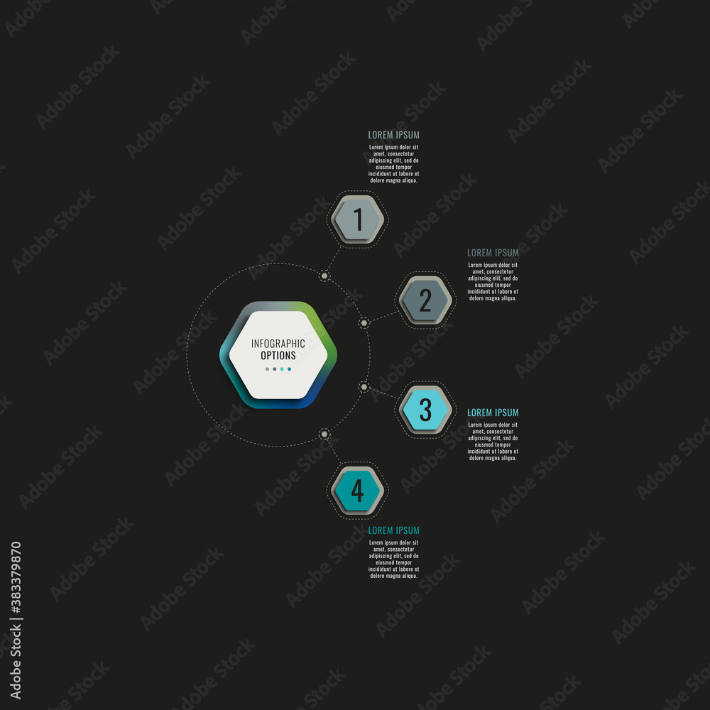 Aufkleber infographic template with four hexagonal elements on a black background. modern business process vis