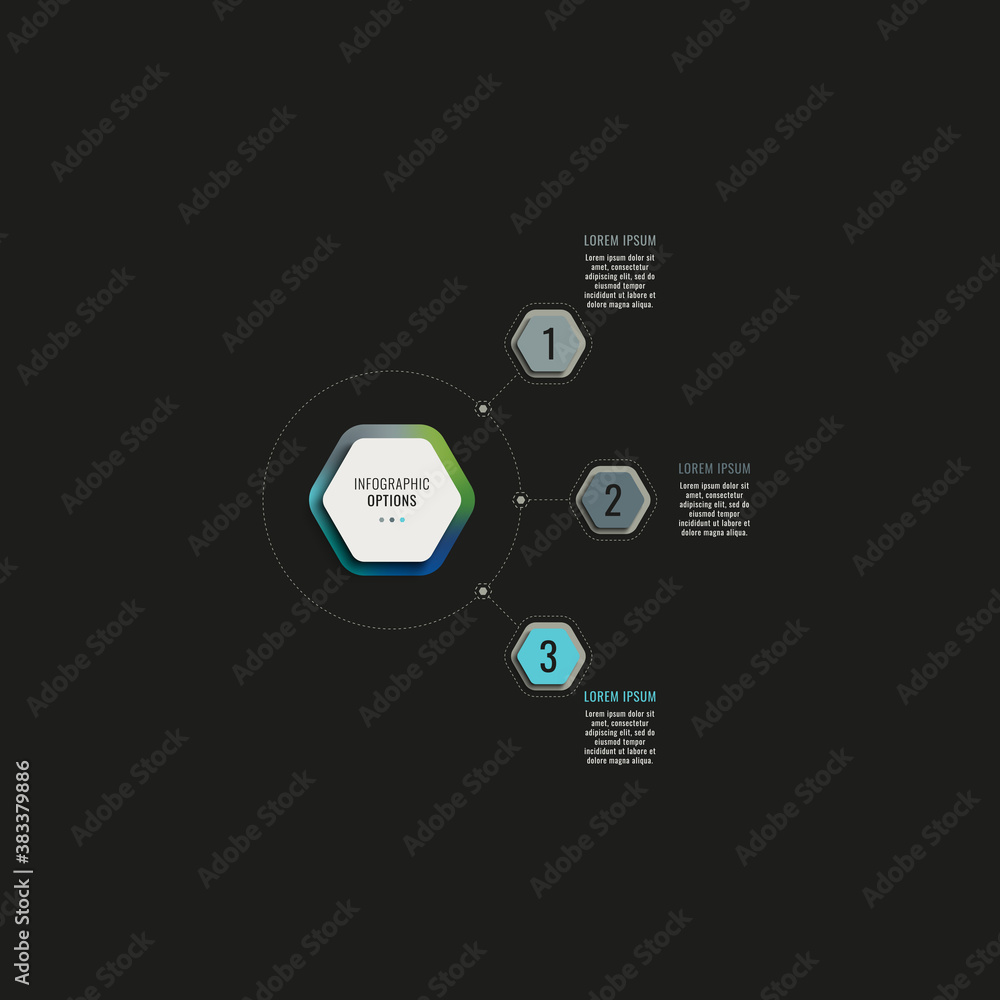 Fototapete infographic template with three hexagonal elements on a black background. modern business process vi