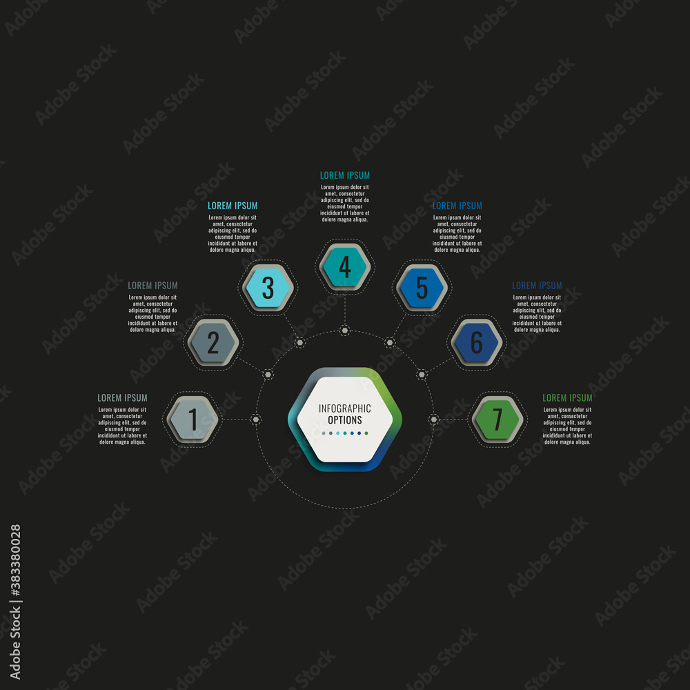 Poster infographic template with seven hexagonal elements on a black background. modern business process vi