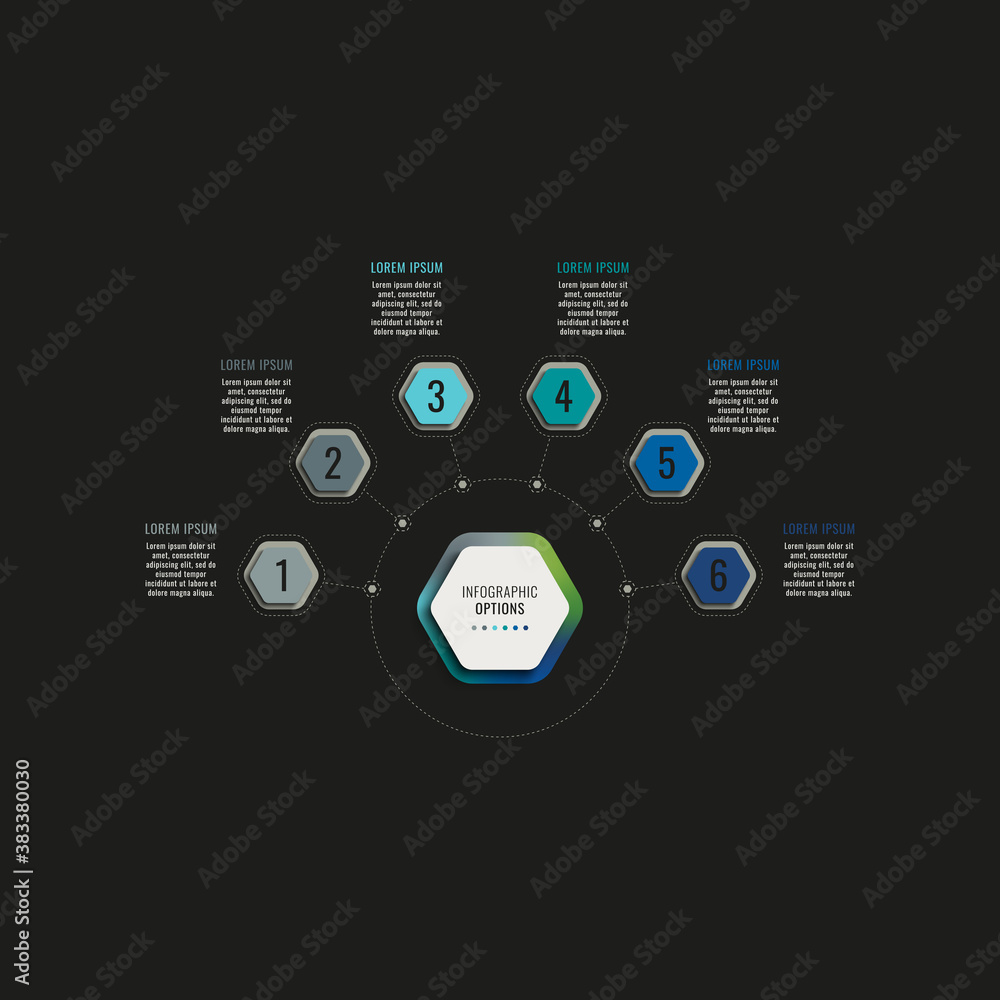 Aufkleber infographic template with six hexagonal elements on a black background. modern business process visu