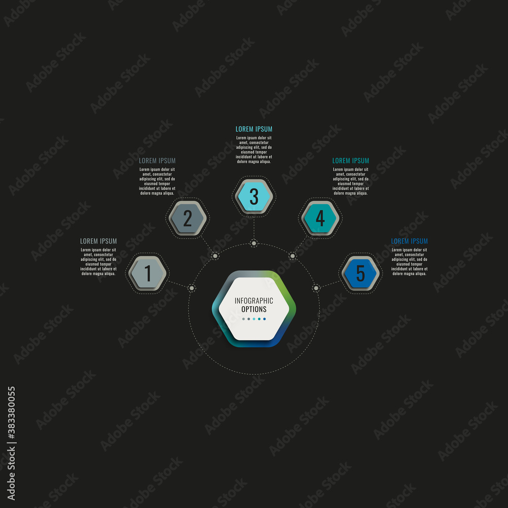 Fototapete infographic template with five hexagonal elements on a black background. modern business process vis