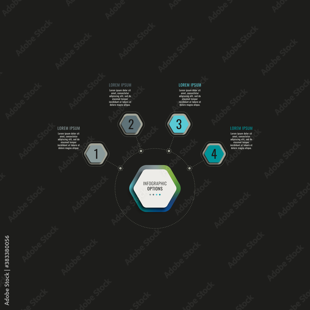 Poster infographic template with four hexagonal elements on a black background. modern business process vis