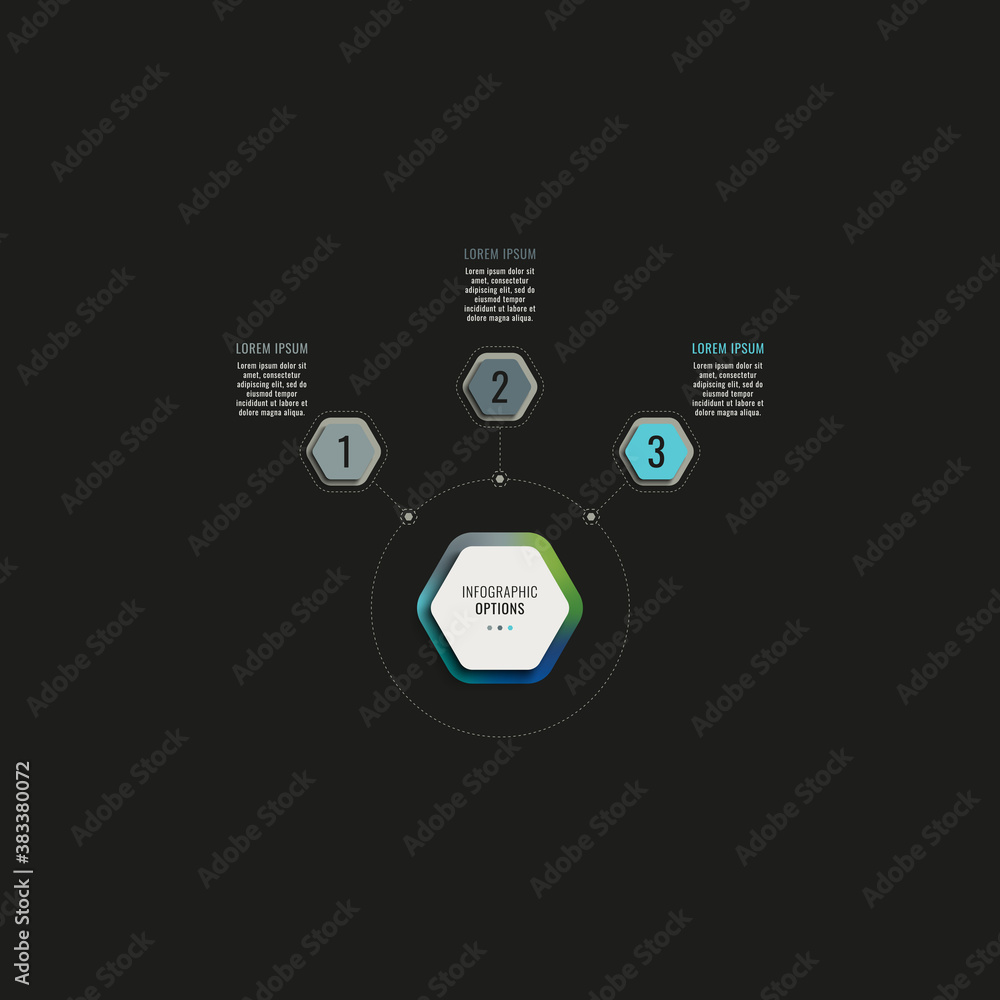 Fototapete infographic template with three hexagonal elements on a black background. modern business process vi