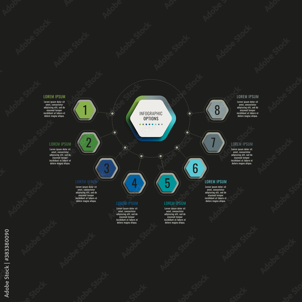 Poster infographic template with eight hexagonal elements on a black background. modern business process vi