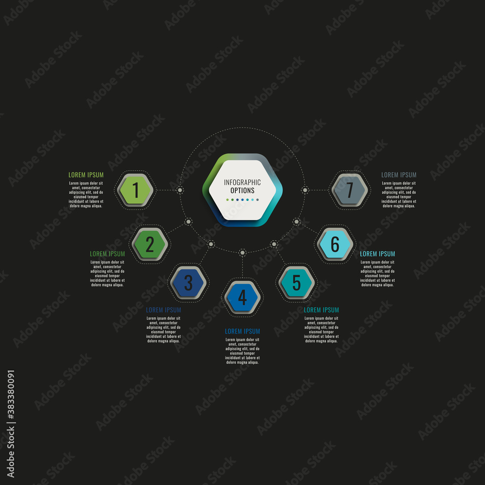 Poster infographic template with seven hexagonal elements on a black background. modern business process vi