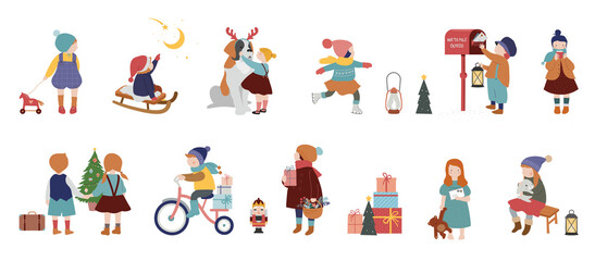 Fototapeta premium Vintage style cute Scandinavian winter kids. Children and babies wearing fashion bohemian clothes. Retro style vector illustrations. Fashion concept