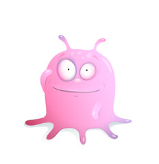 Jelly pink cute little blob monster with tentacles, smiling and happy imaginary creature character design. Vector 3d cartoon for kids.