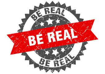 be real stamp. grunge round sign with ribbon