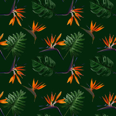 Seamless tropical pattern with  strelitzia with leaves on dark green background. Seamless pattern with colorful leaves of colocasia, filodendron, monstera. Exotic wallpaper. Hawaiian style.