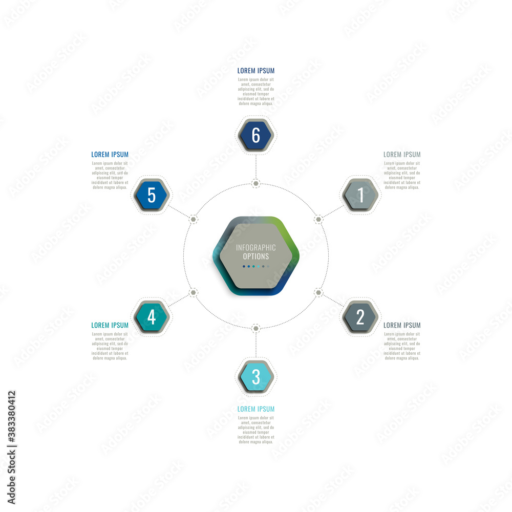 Aufkleber six steps 3d infographic template with hexagonal elements on a white background. business process te