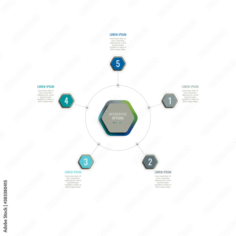Aufkleber five steps 3d infographic template with hexagonal elements on a white background. business process t