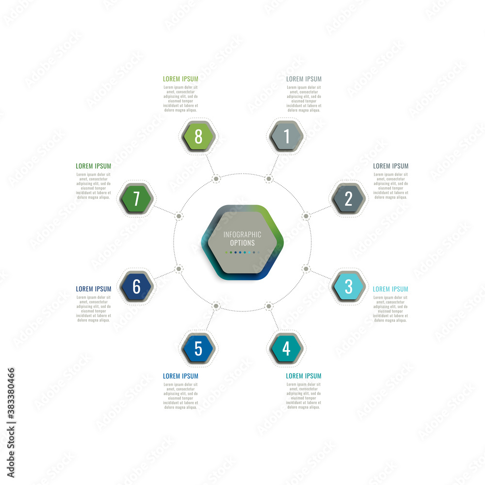 Aufkleber eight steps 3d infographic template with hexagonal elements on a white background. business process 