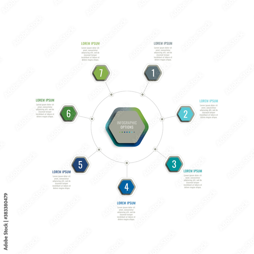 Poster seven steps 3d infographic template with hexagonal elements. business process template with options 