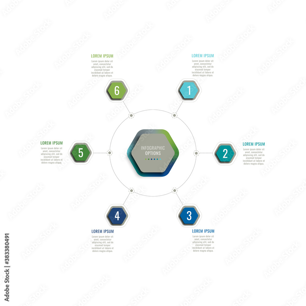 Aufkleber six steps 3d infographic template with hexagonal elements on a white background. business process te