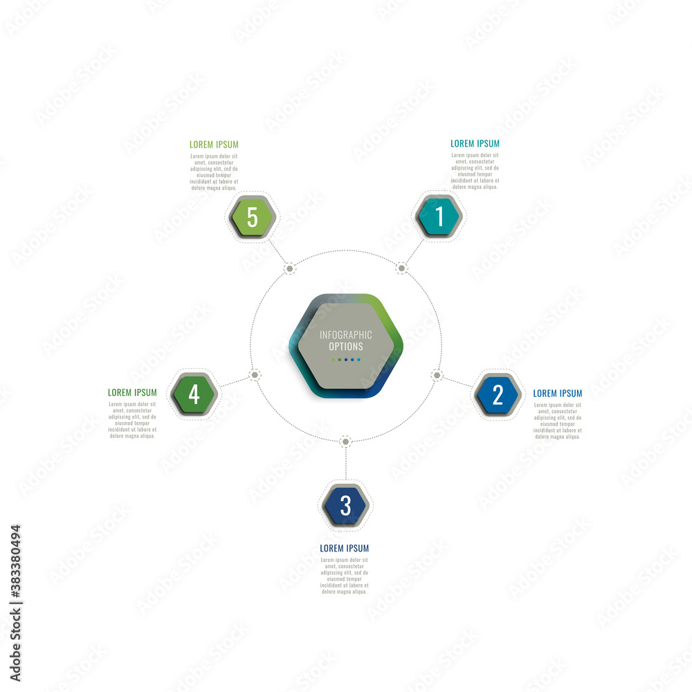Aufkleber five steps 3d infographic template with hexagonal elements on a white background. business process t