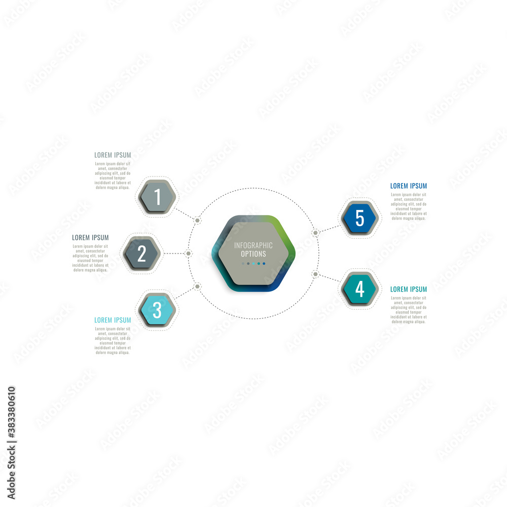 Aufkleber five steps 3d infographic template with hexagonal elements on a white background. business process t