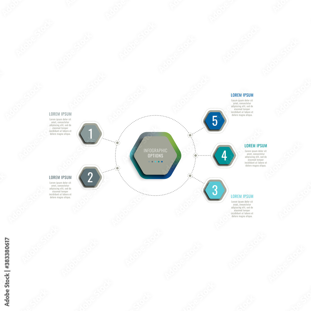Aufkleber five steps 3d infographic template with hexagonal elements on a white background. business process t