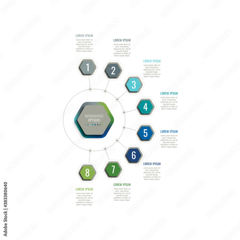 Aufkleber eight steps 3d infographic template with hexagonal elements on a white background. business process 