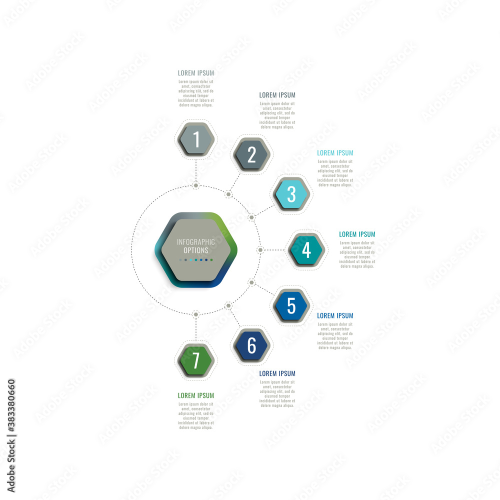 Poster seven steps 3d infographic template with hexagonal elements. business process template with options 