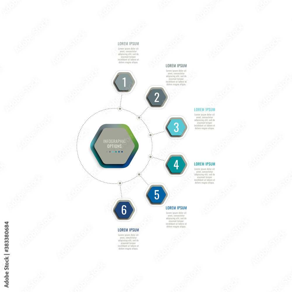 Aufkleber six steps 3d infographic template with hexagonal elements on a white background. business process te