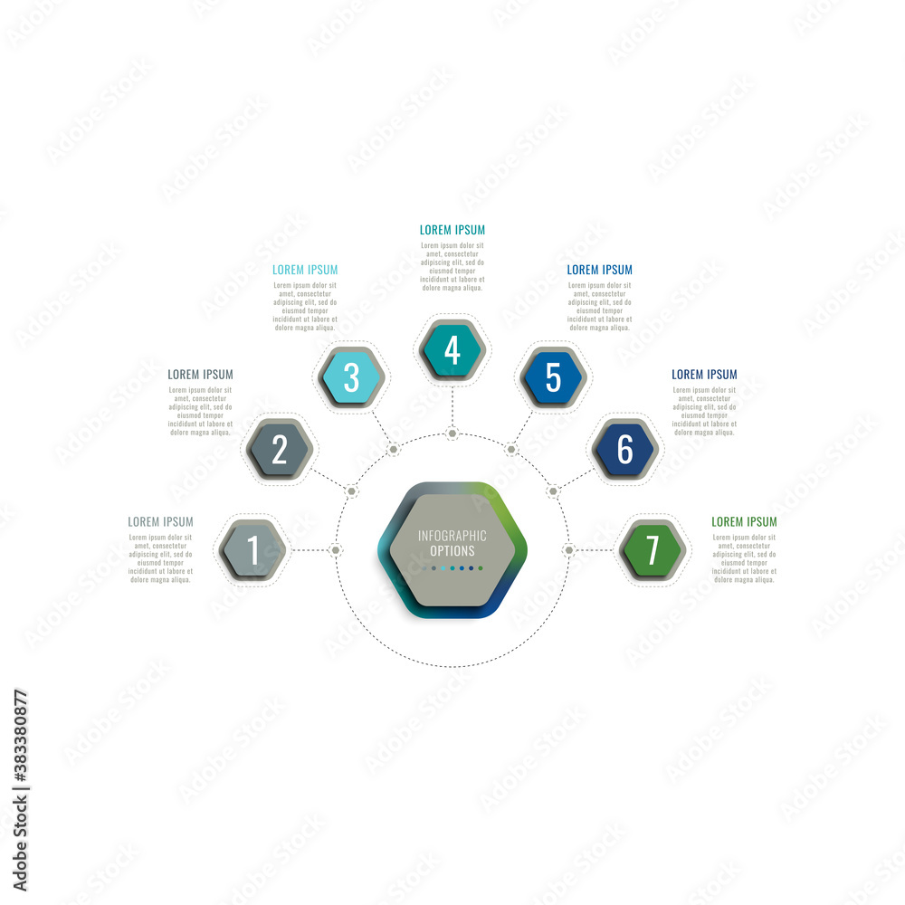 Poster seven steps 3d infographic template with hexagonal elements. business process template with options 