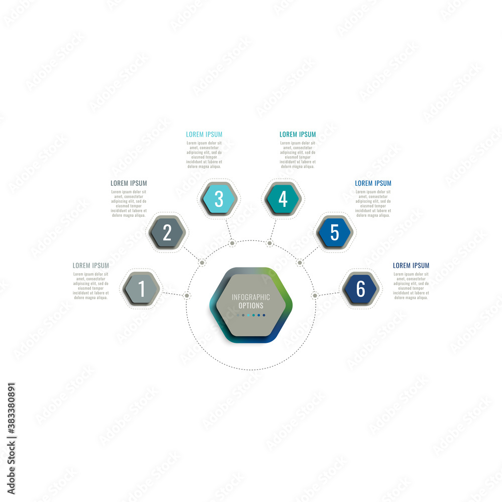 Aufkleber six steps 3d infographic template with hexagonal elements on a white background. business process te