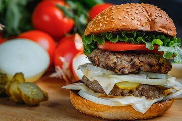 Delicious Burger on the chopping Board.