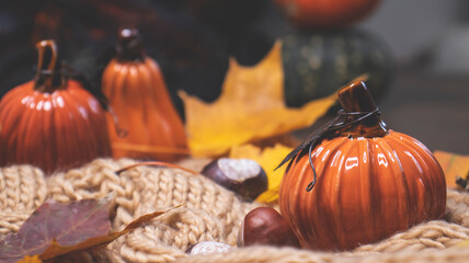Orange pumpkins and autumn leaves on a soft knitted scarf, autumn background, cozy evening by the fireplace.