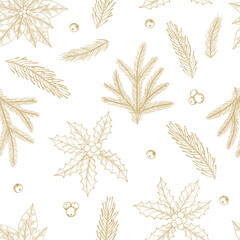 Xmas Seamless pattern with Christmas Tree Decorations, Pine Branches hand drawn art design vector illustration.
