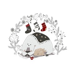 Fototapeta premium Funny cartoon polar bear sleeping with little deer