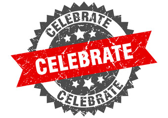 celebrate stamp. grunge round sign with ribbon