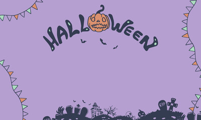 Halloween banner on purple backdrop. Holiday postcard with copy space for invitation or gift card, notebook, bath tile, scrapbook. Phone case or cloth print. Doodle style stock vector illustration