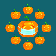 Halloween pumpkin in medical mask icon on white background. Isolated pumpkin for design. Halloween symbol. Quarantine holiday. Vector illustration for design.