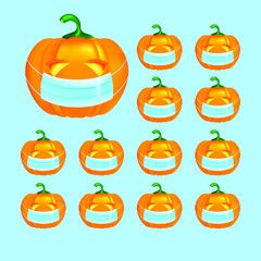 Halloween pumpkin in medical mask icon on white background. Isolated pumpkin for design. Halloween symbol. Quarantine holiday. Vector illustration for design.