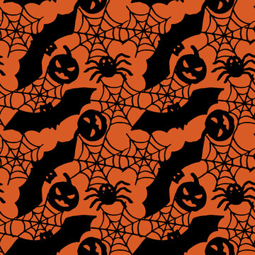 Halloween spider on orange backdrop. Pumpkin jack seamless pattern for wallpaper, wrap paper, sleeper, bath tile, apparel or bed linen Phone case or cloth print. Doodle style stock vector illustration
