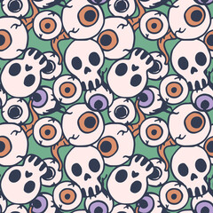 Skull and eyeballs on green backdrop. Halloween seamless pattern for wallpaper, wrap paper, sleeper, bath tile, apparel or bed linen Phone case or cloth print. Doodle style stock vector illustration