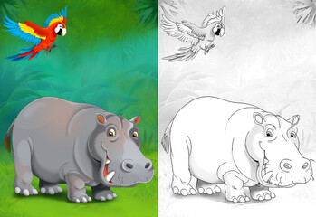 cartoon sketch scene with hippo hippopotamus in the forest - illustration