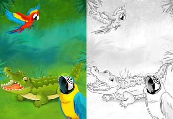cartoon sketch scene with alligator crocodile in the forest - illustration