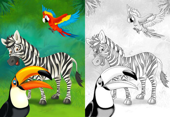 cartoon sketch scene with zebra in the forest - illustration