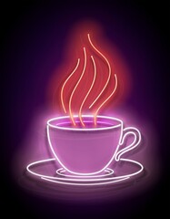 Glow Cup of Coffee with Steam. Cafe Label. Cappuccino, Espresso, Americano Drink. Neon Poster, Flyer, Banner, Invitation. Glossy Background. Vector 3d Illustration