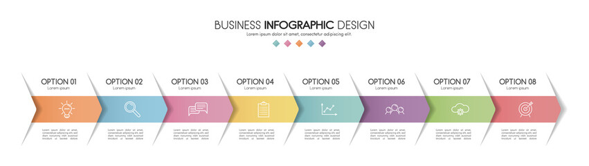 Colourful infographic with 8 steps and business icons. Diagram. Vector