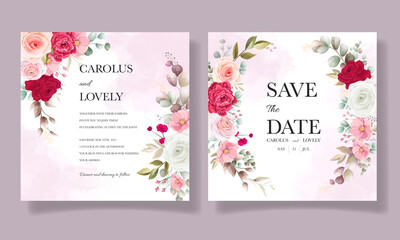 Fototapeta na wymiar Beautiful floral and leaves wedding invitation card