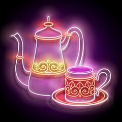Glow Metal Cups and Pot of Turkish Coffee. Cafe Label, Traditional Drink. Neon Poster, Flyer, Banner, Invitation. Glossy Background. Vector 3d Illustration
