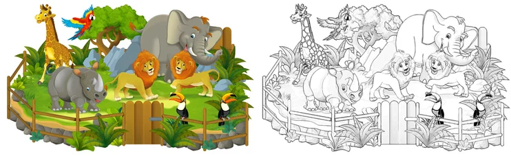 Poster Im Rahmen cartoon scene with zoo enclosure with different animals - illustration © agaes8080