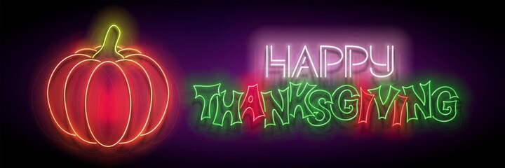 Obraz premium Glow Thanksgiving Greeting Card with Pumpkin and Inscription. Neon Light Fall Plant, Lettering. Shiny Template for Poster, Banner, Invitation. Glossy Background. Vector 3d Illustration
