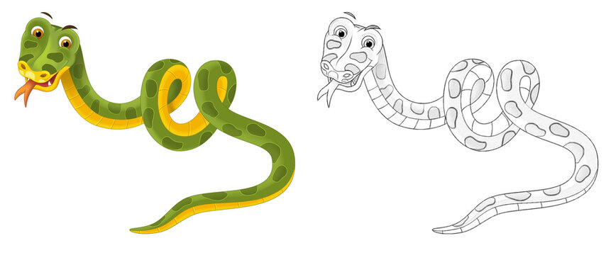 cartoon sketch scene with snake on white background - illustration
