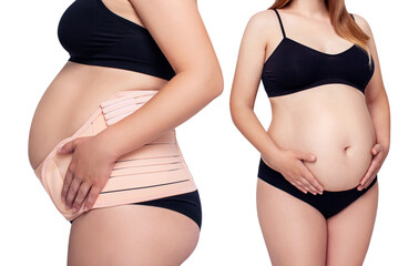 Unrecognizable pregnant woman wearing abdominal support. Over white background.